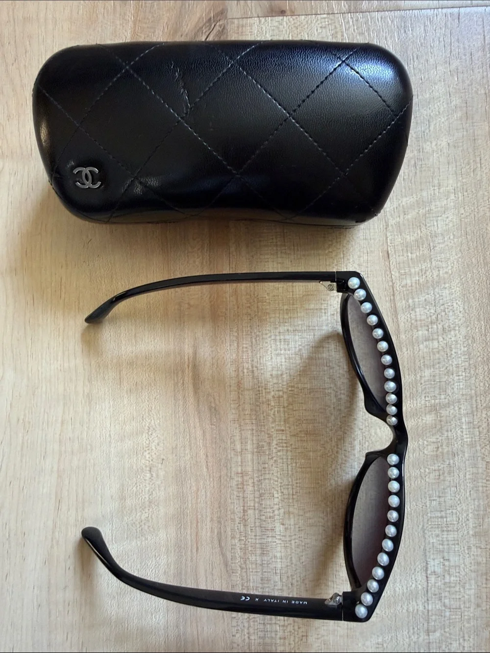 CHANEL Black Pearl-Trim Cat Eye Sunglasses